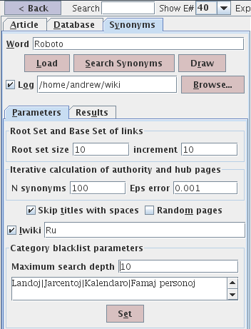 Synonym search parameters