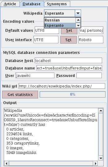 Select Wikipedia database, assign parameters.